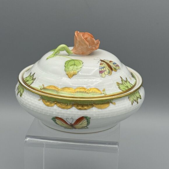Vtg Herend Queen Victoria Porcelain Rd Box & Lid Trinket Dish with Rose Finial - Picture 10 of 14